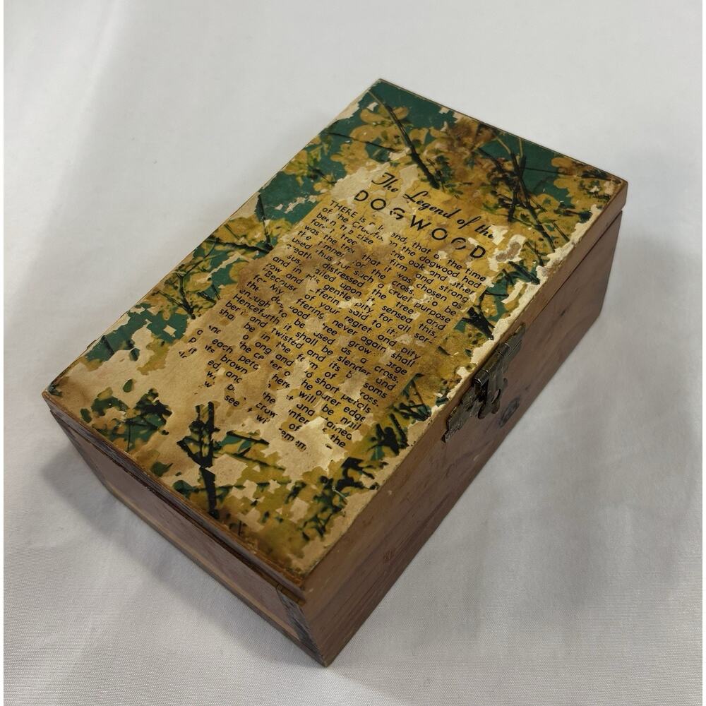Vintage Cedar Trinket Box " The Legend Of The Dogwood" Oklahoma Weathered Patina